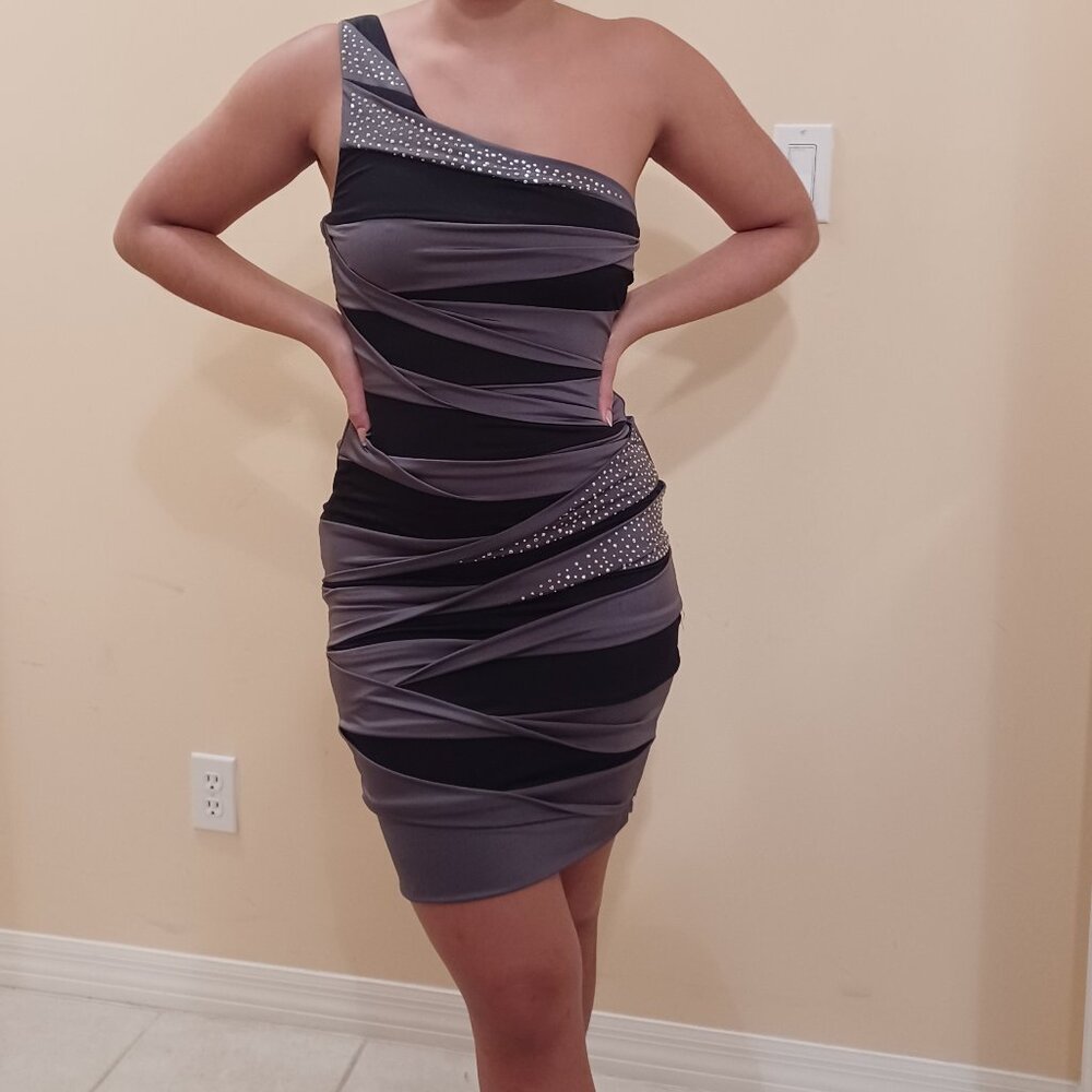 Elegant Gray & Black One Shoulder Beaded Bodycon Dress Size S